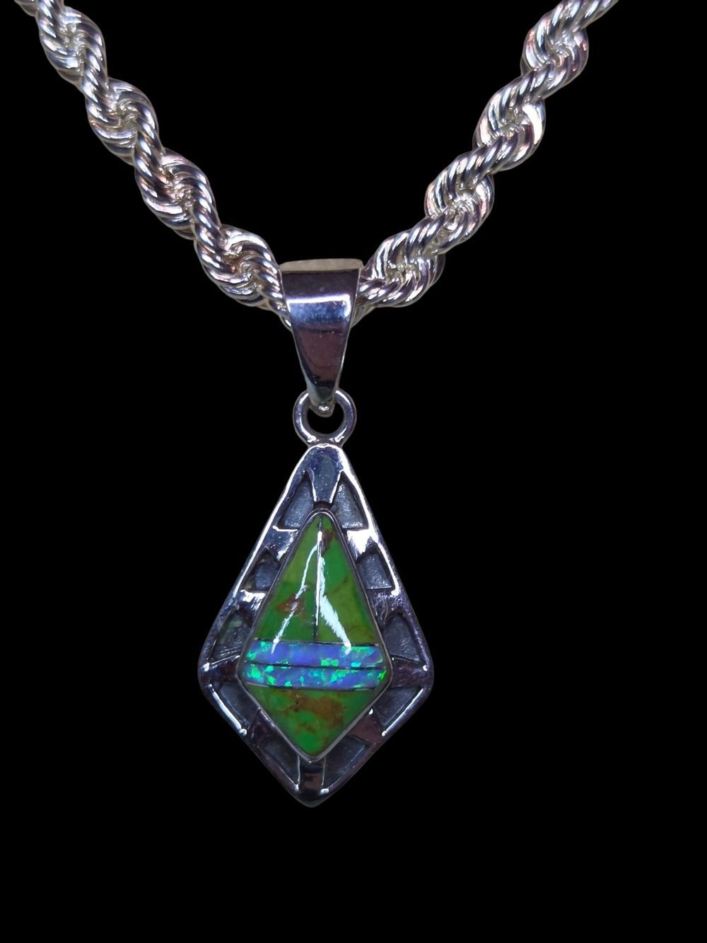 Sterling Silver Green Opal & Turquoise Triangle Pendant - Leaf Hallmark 925